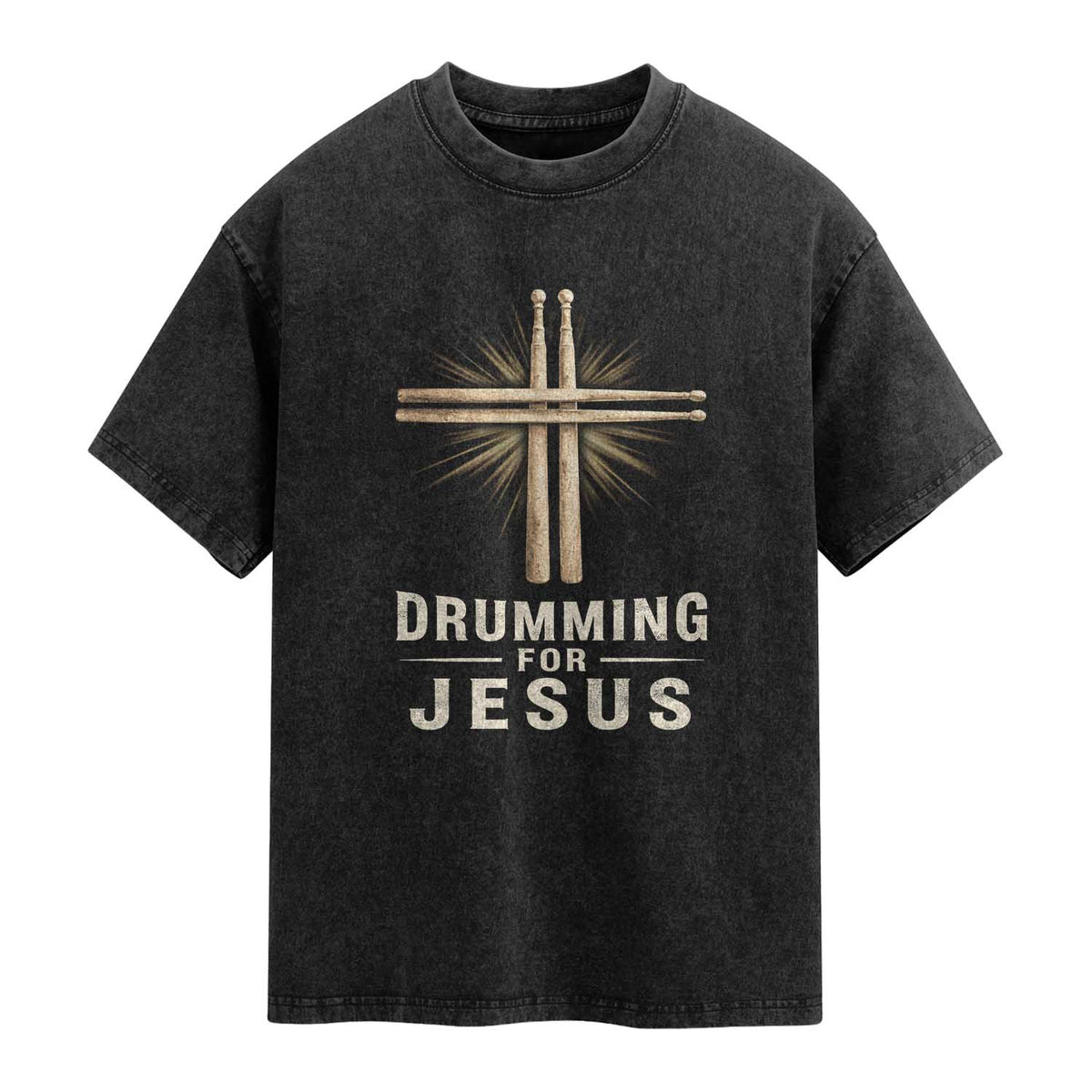 Christian Drummer Washed Cotton T-Shirt Drumming For Jesus Drumstick Cross Percussionist