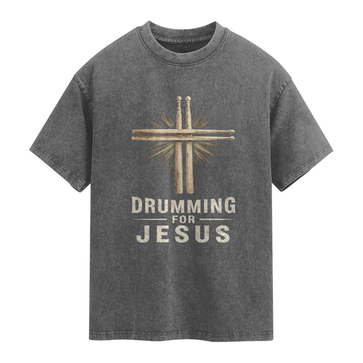Christian Drummer Washed Cotton T-Shirt Drumming For Jesus Drumstick Cross Percussionist