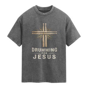 Christian Drummer Washed Cotton T-Shirt Drumming For Jesus Drumstick Cross Percussionist