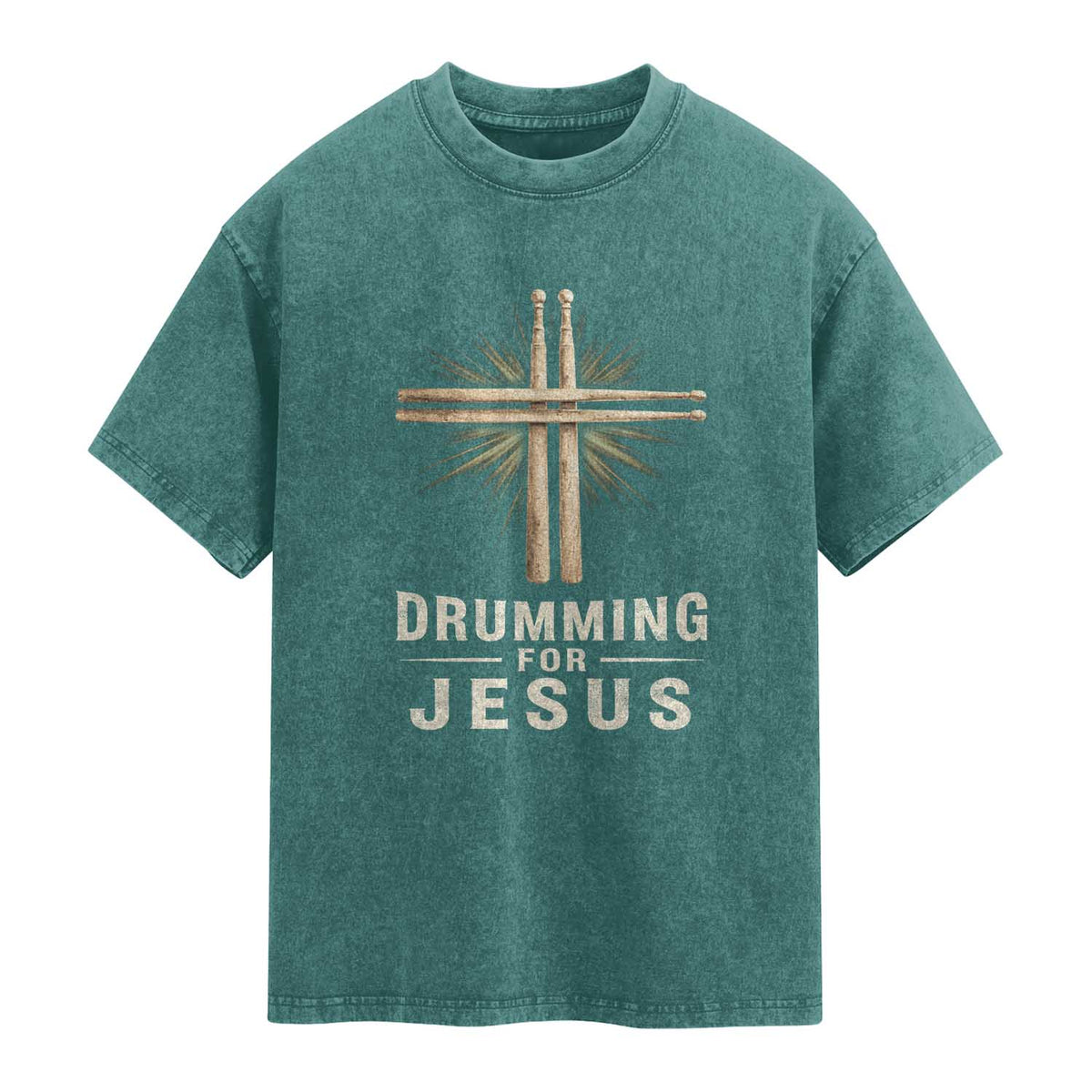 Christian Drummer Washed Cotton T-Shirt Drumming For Jesus Drumstick Cross Percussionist