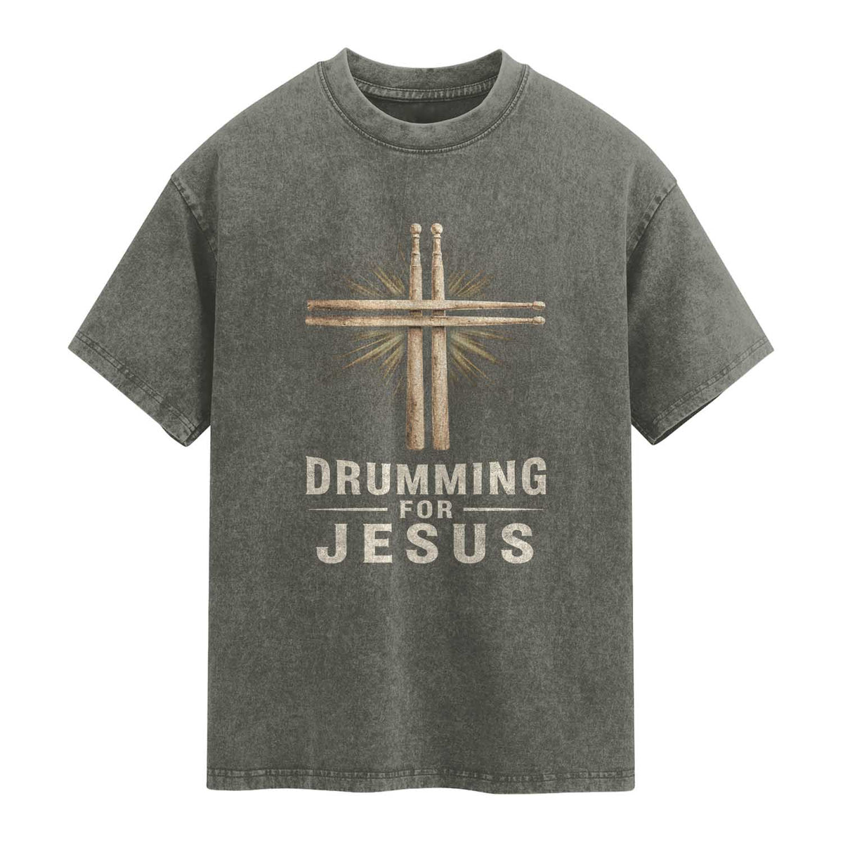 Christian Drummer Washed Cotton T-Shirt Drumming For Jesus Drumstick Cross Percussionist