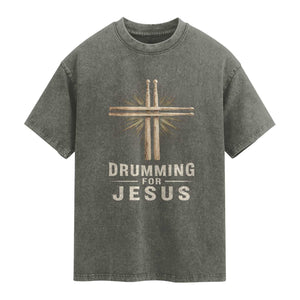 Christian Drummer Washed Cotton T-Shirt Drumming For Jesus Drumstick Cross Percussionist