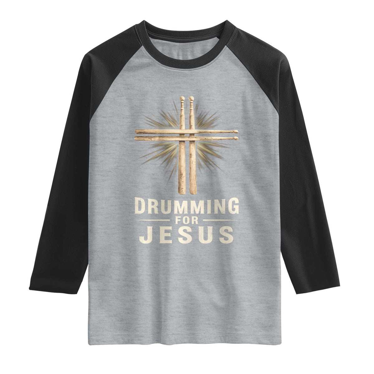 Christian Drummer Raglan Shirt Drumming For Jesus Drumstick Cross Percussionist TS10 Heather Gray Black Print Your Wear