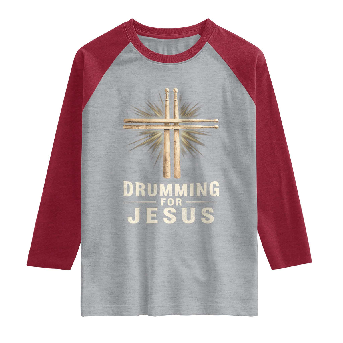Christian Drummer Raglan Shirt Drumming For Jesus Drumstick Cross Percussionist TS10 Heather Gray Heather Red Print Your Wear
