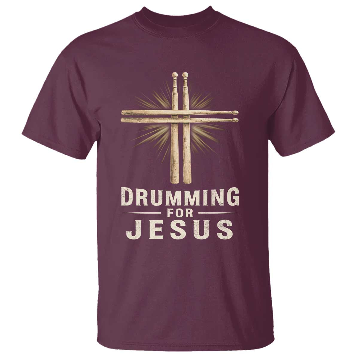 Christian Drummer T Shirt Drumming For Jesus Drumstick Cross Percussionist TS10 Maroon Print Your Wear