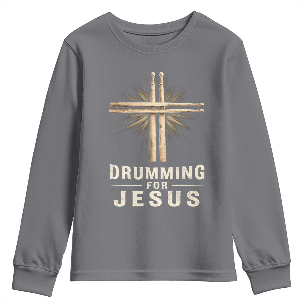 Christian Drummer Youth Sweatshirt Drumming For Jesus Drumstick Cross Percussionist TS10 Charcoal Print Your Wear