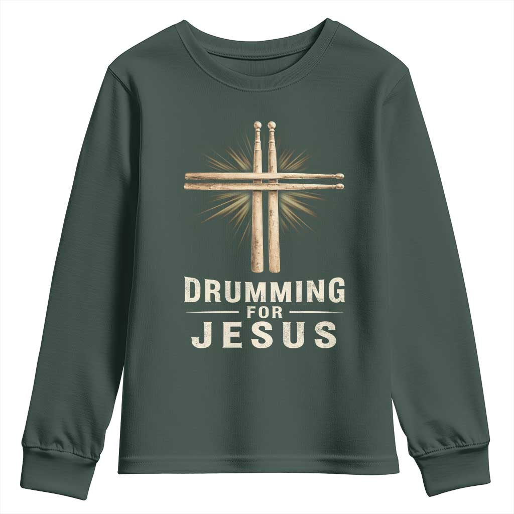 Christian Drummer Youth Sweatshirt Drumming For Jesus Drumstick Cross Percussionist TS10 Dark Forest Green Print Your Wear