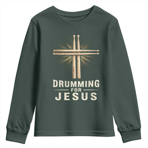 Christian Drummer Youth Sweatshirt Drumming For Jesus Drumstick Cross Percussionist TS10 Dark Forest Green Print Your Wear