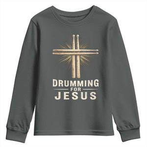 Christian Drummer Youth Sweatshirt Drumming For Jesus Drumstick Cross Percussionist TS10 Dark Heather Print Your Wear