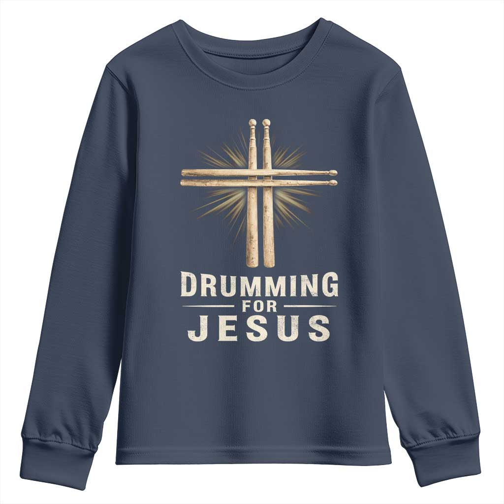 Christian Drummer Youth Sweatshirt Drumming For Jesus Drumstick Cross Percussionist TS10 Navy Print Your Wear