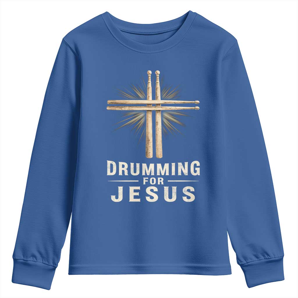 Christian Drummer Youth Sweatshirt Drumming For Jesus Drumstick Cross Percussionist TS10 Royal Blue Print Your Wear
