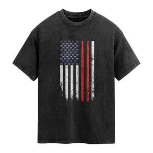 Patriotic Drummer Washed Cotton T-Shirt Percussionist Gift Drumming Drumsticks American Flag