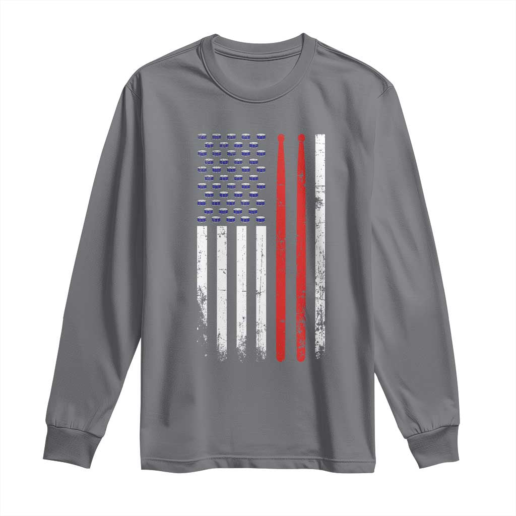 Patriotic Drummer Long Sleeve Shirt Percussionist Gift Drumming Drumsticks American Flag TS10 Charcoal Print Your Wear