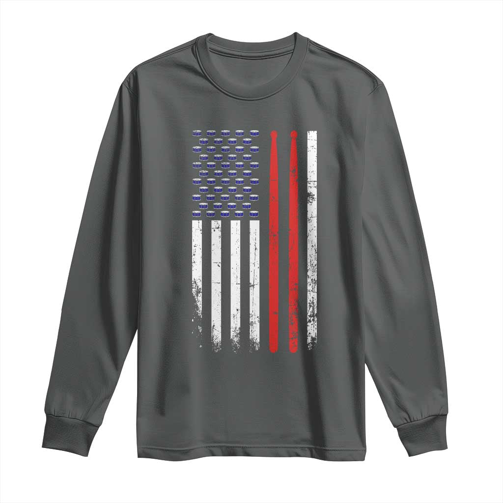 Patriotic Drummer Long Sleeve Shirt Percussionist Gift Drumming Drumsticks American Flag TS10 Dark Heather Print Your Wear