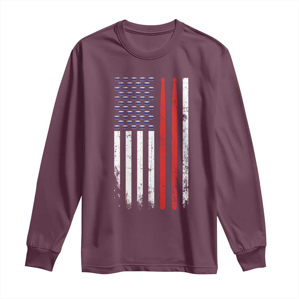 Patriotic Drummer Long Sleeve Shirt Percussionist Gift Drumming Drumsticks American Flag TS10 Maroon Print Your Wear