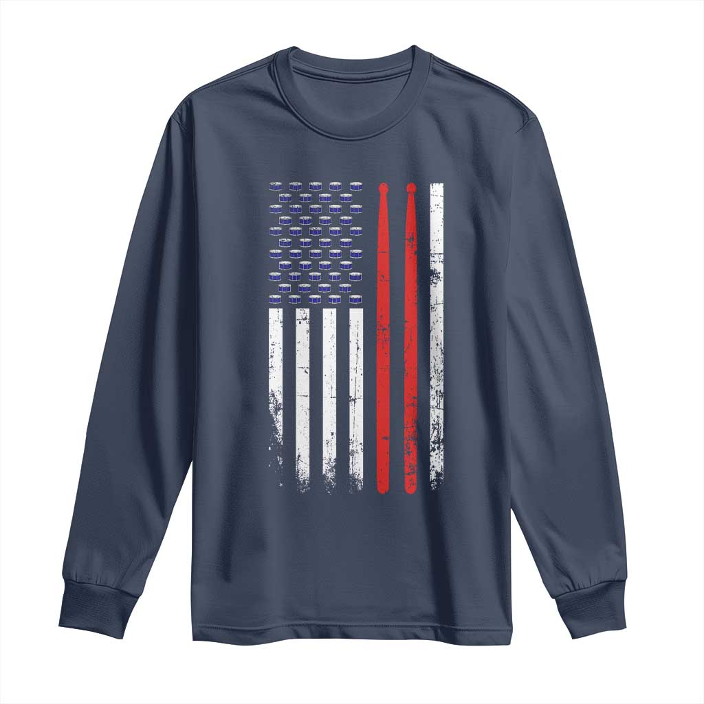 Patriotic Drummer Long Sleeve Shirt Percussionist Gift Drumming Drumsticks American Flag TS10 Navy Print Your Wear