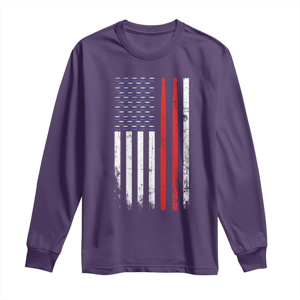 Patriotic Drummer Long Sleeve Shirt Percussionist Gift Drumming Drumsticks American Flag TS10 Purple Print Your Wear