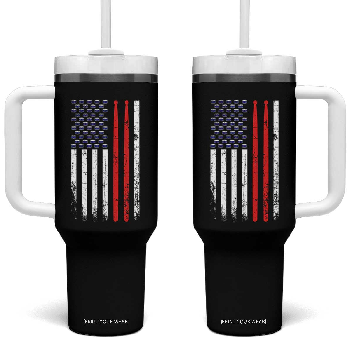 Patriotic Drummer Tumbler With Handle Percussionist Gift Drumming Drumsticks American Flag TS10 One Size: 40 oz Black Print Your Wear