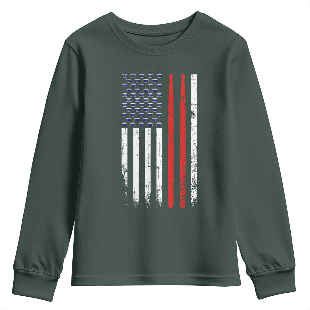 Patriotic Drummer Youth Sweatshirt Percussionist Gift Drumming Drumsticks American Flag TS10 Dark Forest Green Print Your Wear