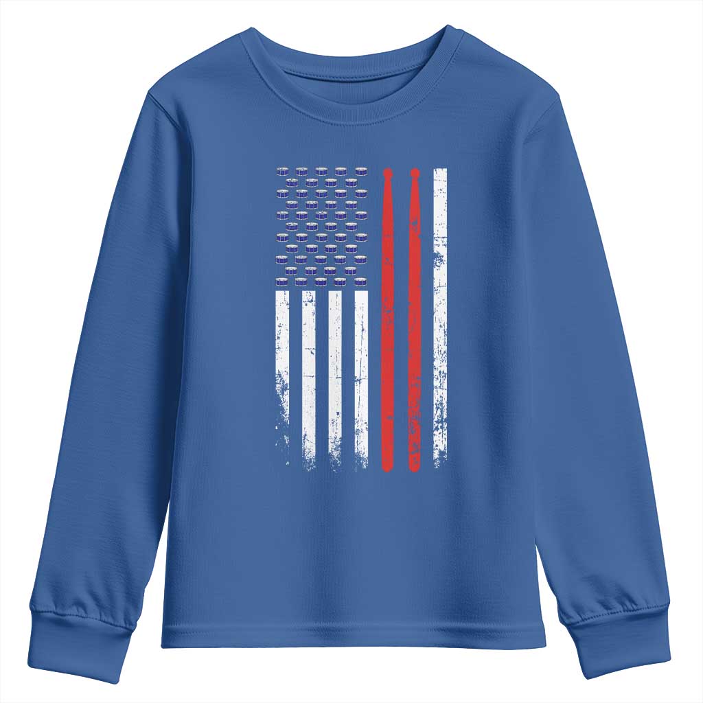 Patriotic Drummer Youth Sweatshirt Percussionist Gift Drumming Drumsticks American Flag TS10 Royal Blue Print Your Wear