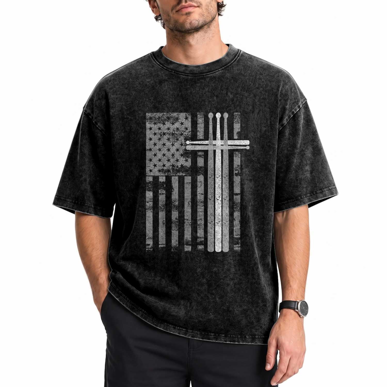 Christian Drummer Washed Cotton T-Shirt American Flag Drumsticks Religious Faith Cross Patriotic