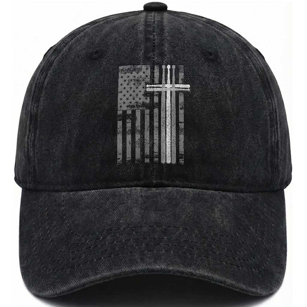 Christian Drummer Washed Cotton Baseball Cap American Flag Drumsticks Religious Faith Cross Patriotic TS10 Print Your Wear
