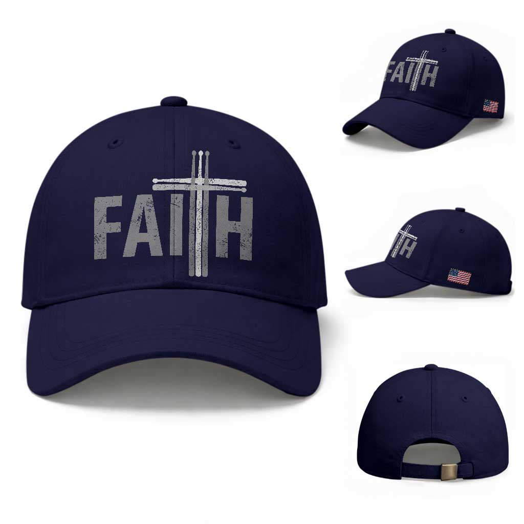 Christian Drummer Baseball Cap Faith Drum Stick Cross TS10 Baseball Cap Universal Fit Dark Blue Print Your Wear