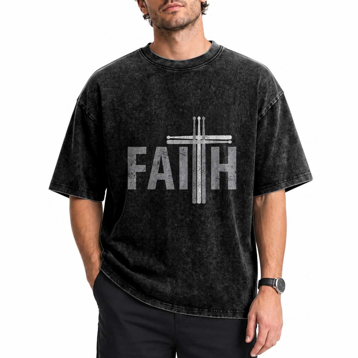 Christian Drummer Washed Cotton T-Shirt Faith Drum Stick Cross