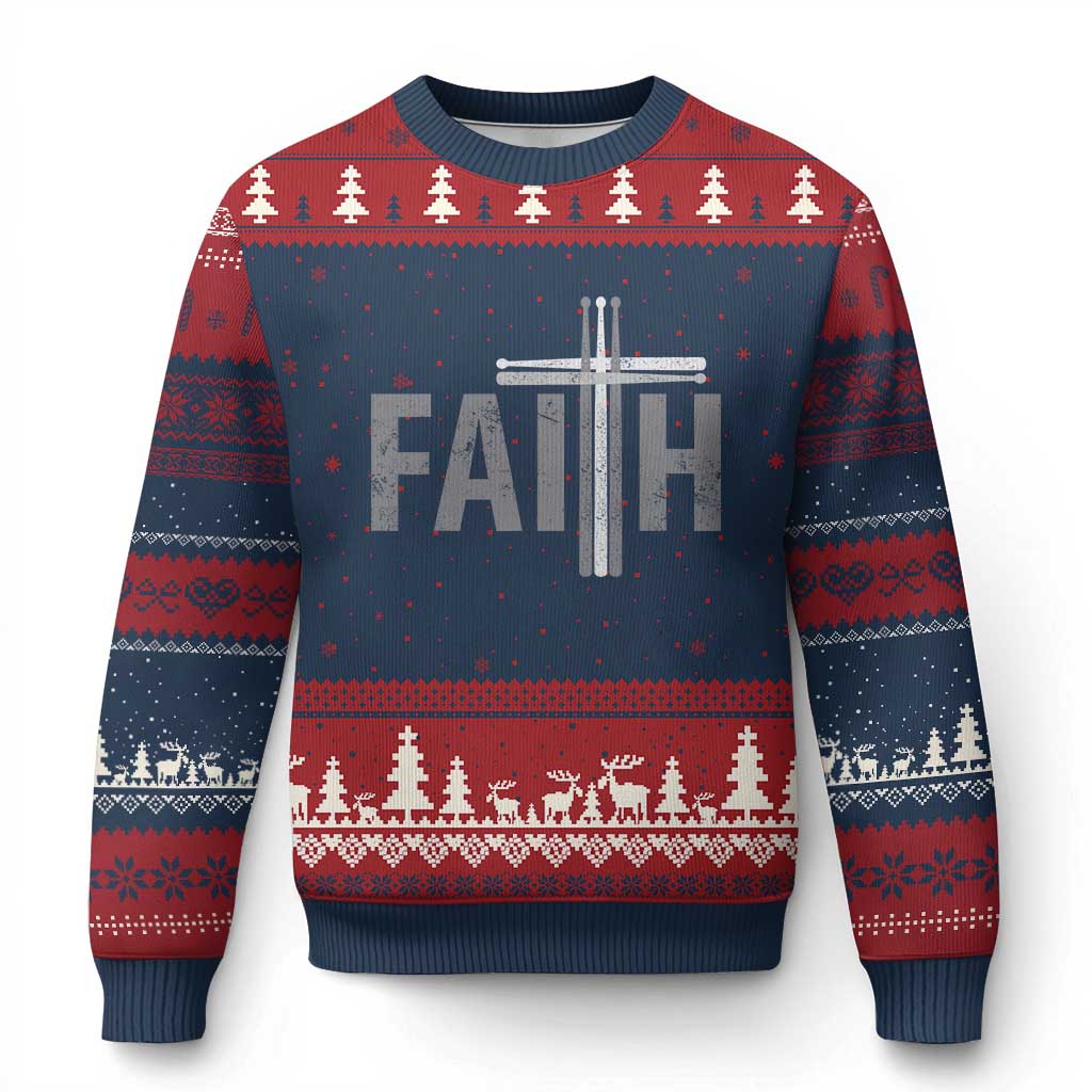 Christian Drummer Ugly Christmas Sweater Faith Drum Stick Cross TS10 Navy Red Print Your Wear