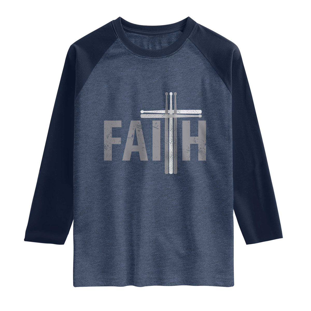 Christian Drummer Raglan Shirt Faith Drum Stick Cross TS10 Heather Denim Navy Print Your Wear