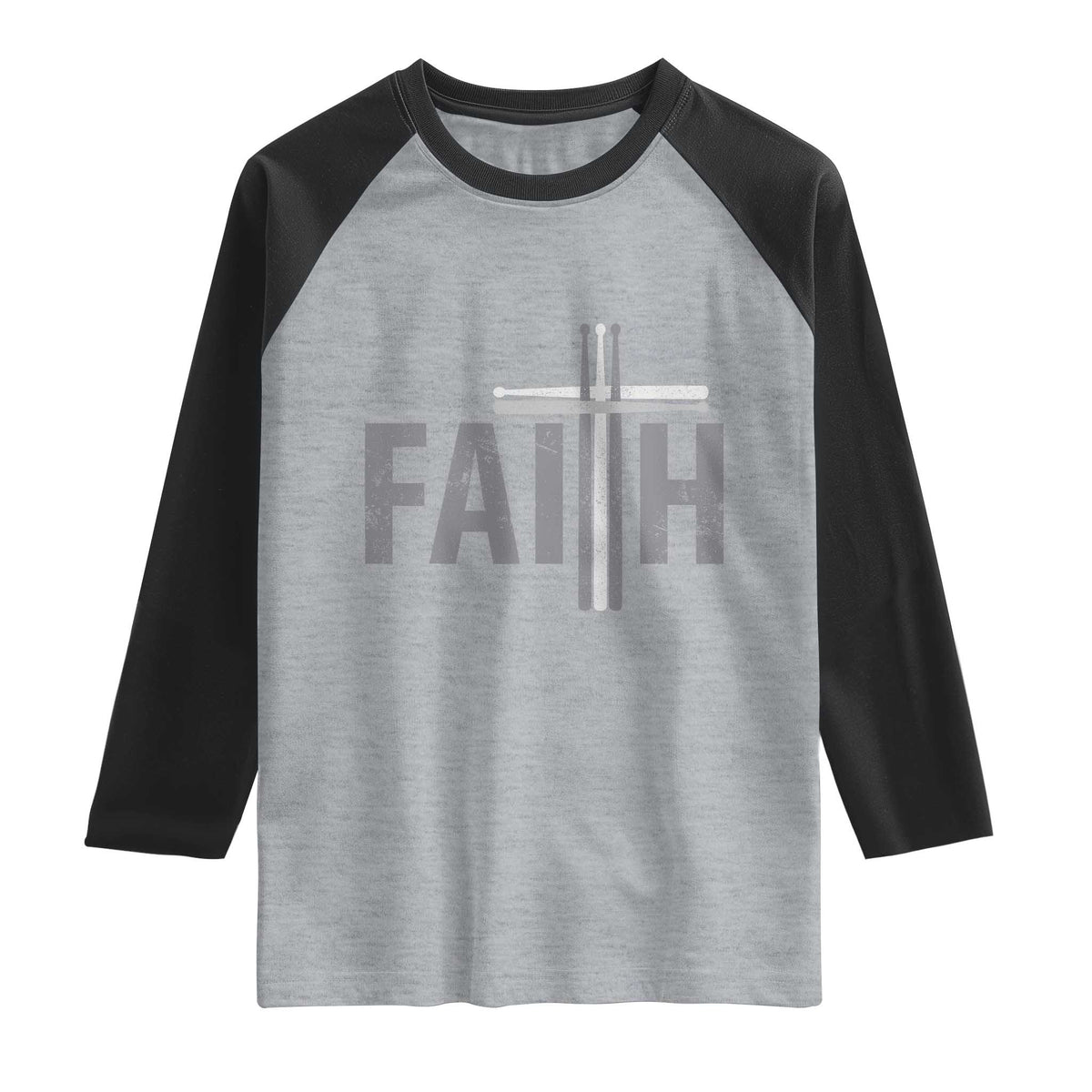 Christian Drummer Raglan Shirt Faith Drum Stick Cross TS10 Heather Gray Black Print Your Wear