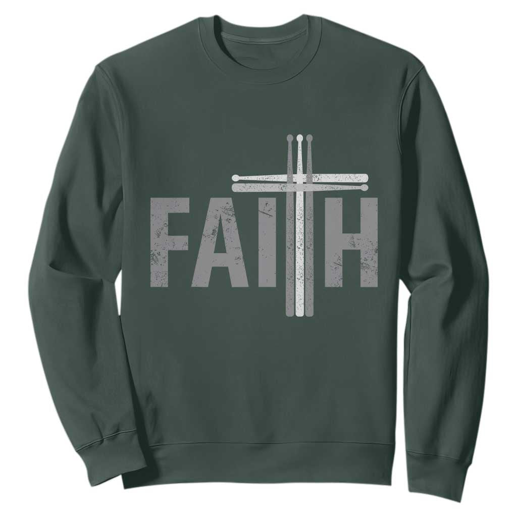 Christian Drummer Sweatshirt Faith Drum Stick Cross TS10 Dark Forest Green Print Your Wear