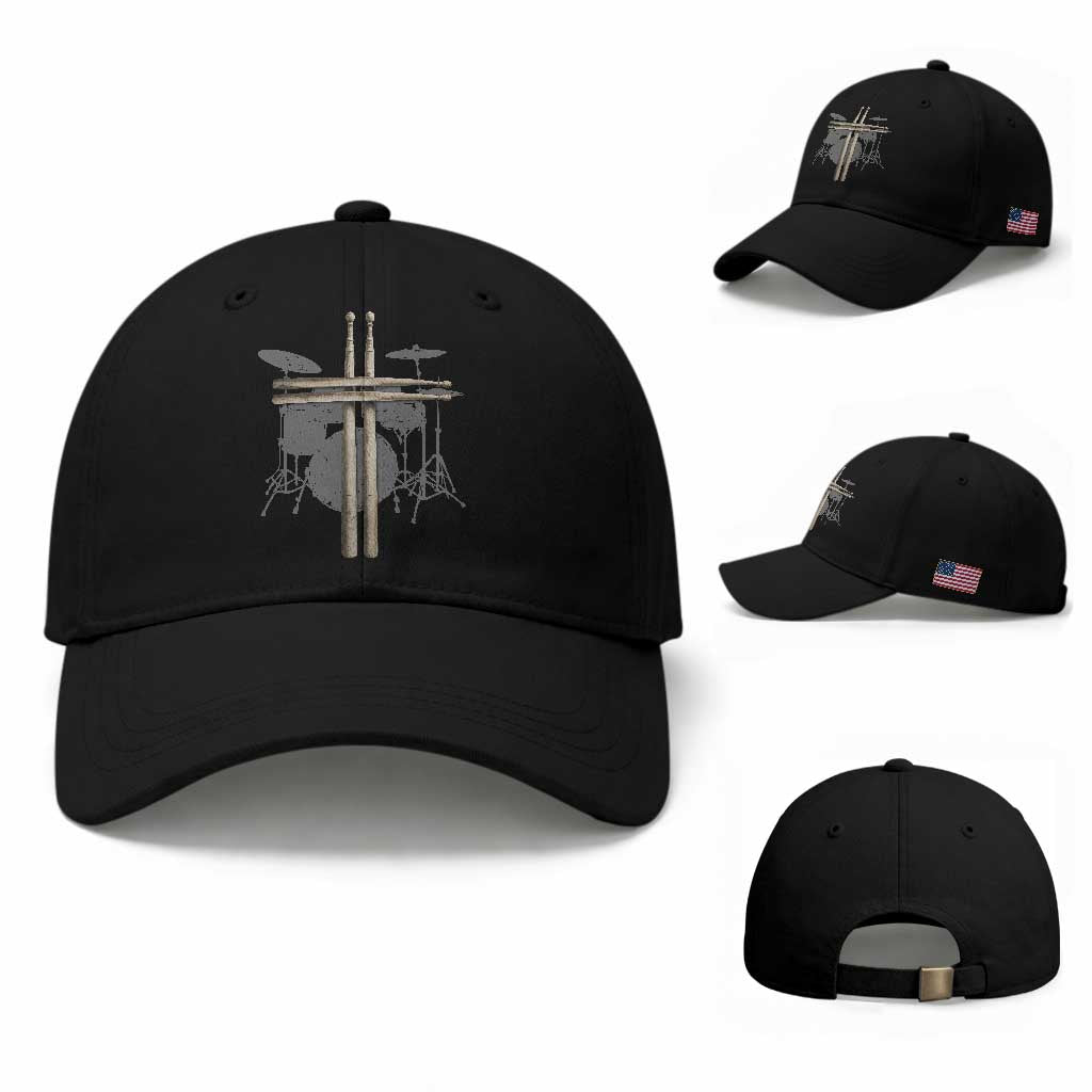 Christian Drummer Baseball Cap Drum Sticks Cross Percussionist Jesus Church TS10 Baseball Cap Universal Fit Black Print Your Wear