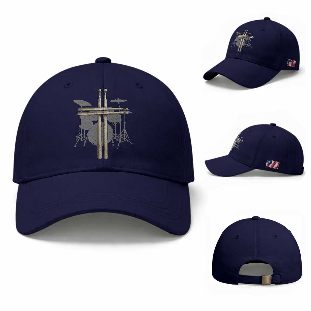 Christian Drummer Baseball Cap Drum Sticks Cross Percussionist Jesus Church TS10 Baseball Cap Universal Fit Dark Blue Print Your Wear
