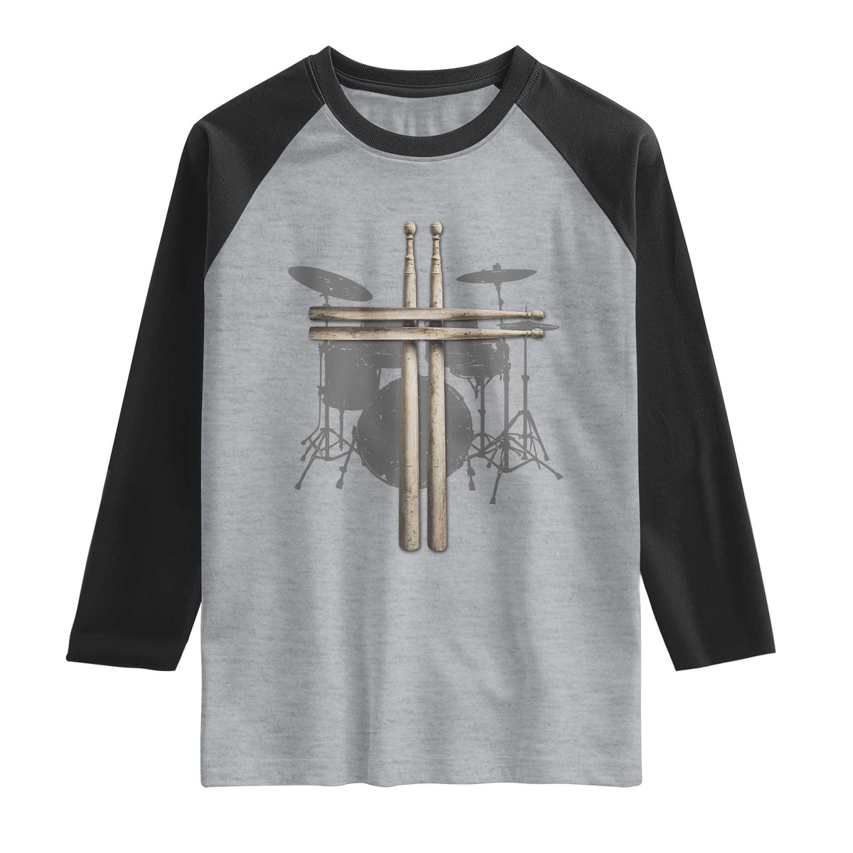 Christian Drummer Raglan Shirt Drum Sticks Cross Percussionist Jesus Church TS10 Heather Gray Black Print Your Wear