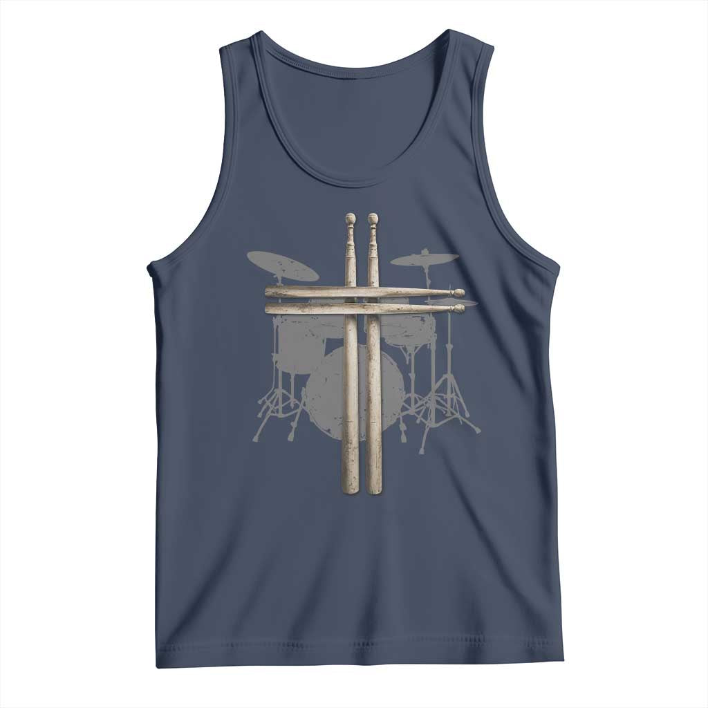 Christian Drummer Tank Top Drum Sticks Cross Percussionist Jesus Church TS10 Navy Print Your Wear