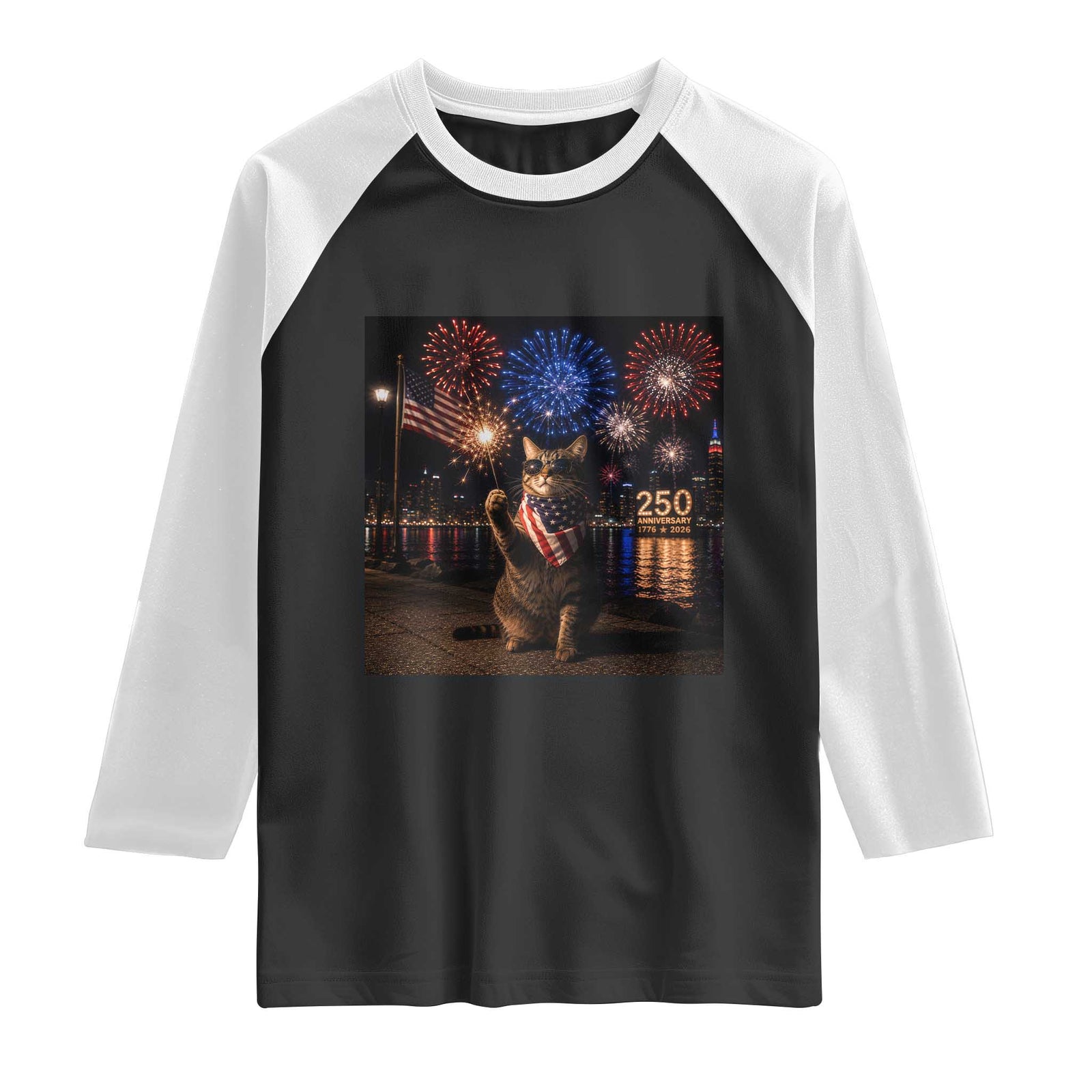 USA 250th Anniversary Cat Raglan Shirt Funny 4th Of July Independence Day 250 Years 1776 2026 Patriotic Celebration Meme TS10 Black White Print Your Wear