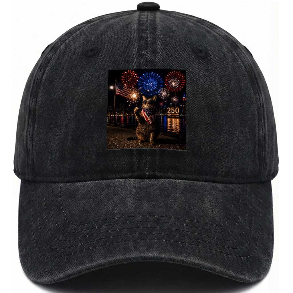 USA 250th Anniversary Cat Washed Cotton Baseball Cap Funny 4th Of July Independence Day 250 Years 1776 2026 Patriotic Celebration Meme TS10 Print Your Wear