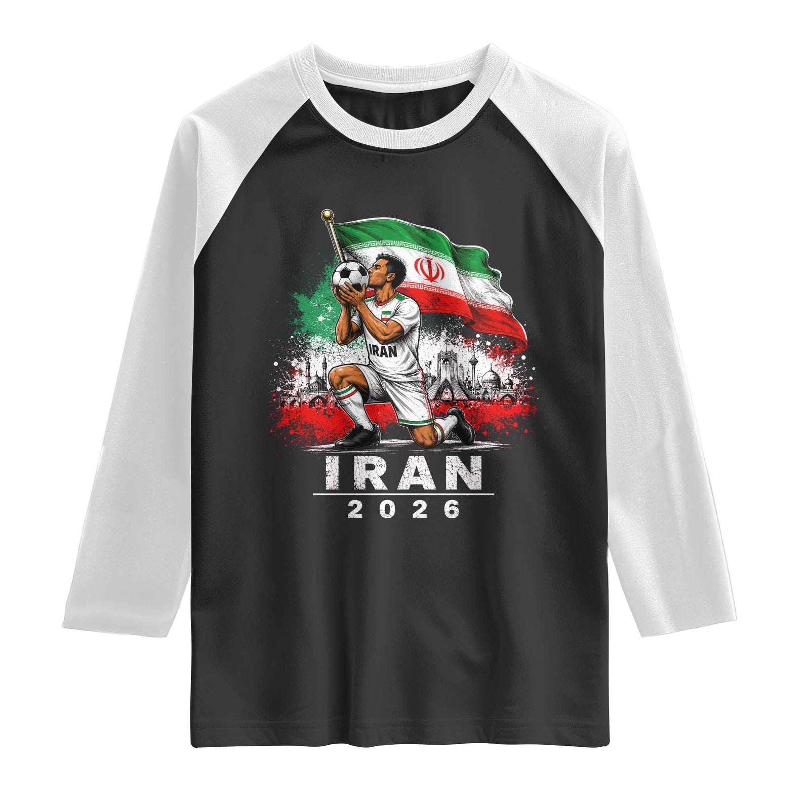 Iran Soccer 2026 Raglan Shirt Retro Vintage Watercolors Iranian Persian World Football Fan TS10 Black White Print Your Wear