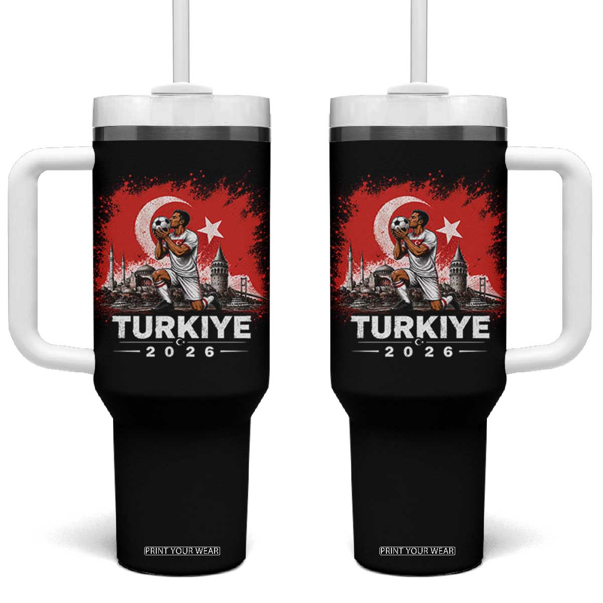 Turkish Soccer 2026 Tumbler With Handle Turkey Football Fan Vintage Turkish Pride TS10 One Size: 40 oz Black Print Your Wear