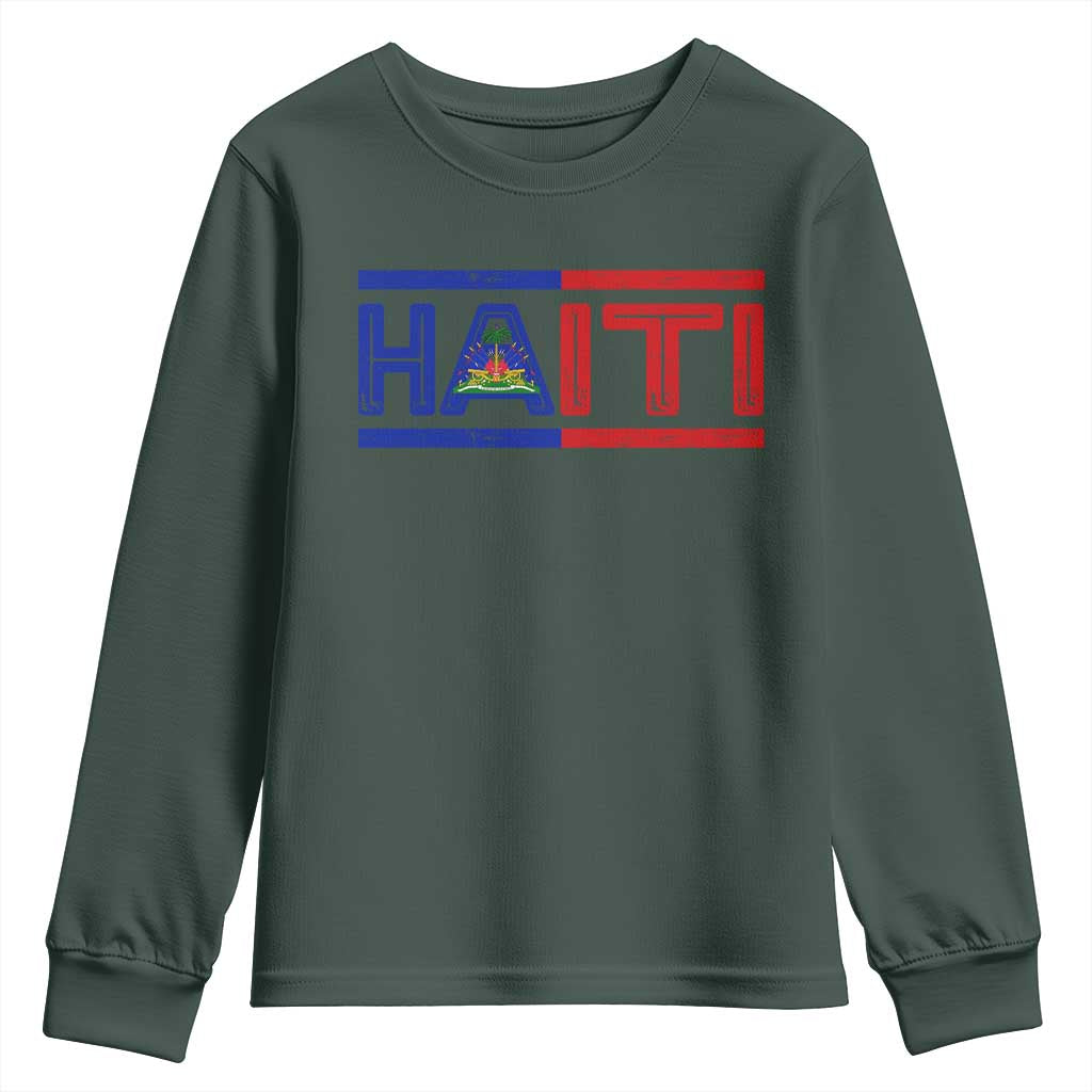 Haiti Flag Youth Sweatshirt Vintage Haitian Pride Ayiti Roots TS10 Dark Forest Green Print Your Wear