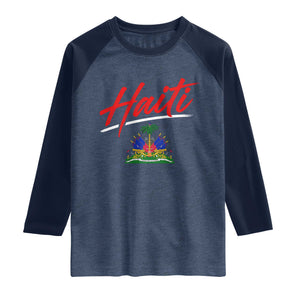 Retro Haiti Raglan Shirt Haitian Gift Ayiti Roots TS10 Heather Denim Navy Print Your Wear