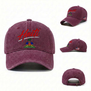 Retro Haiti Washed Cotton Baseball Cap Haitian Gift Ayiti Roots TS10 Washed Cap Universal Fit Burgundy Print Your Wear