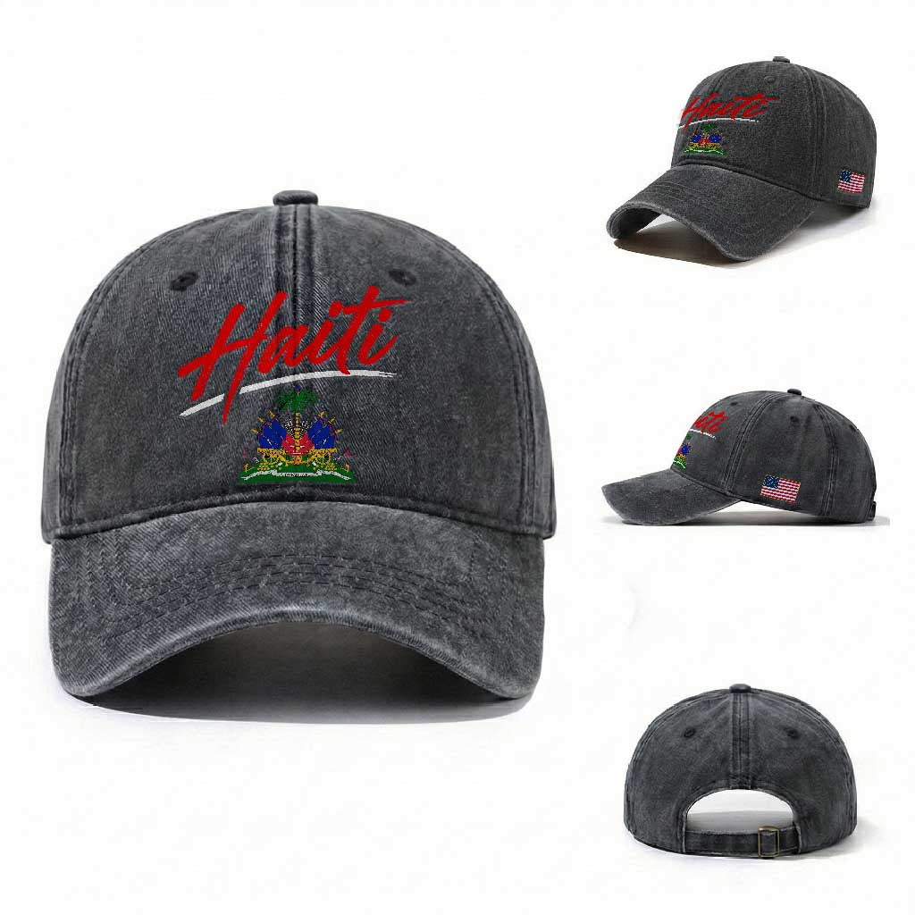 Retro Haiti Washed Cotton Baseball Cap Haitian Gift Ayiti Roots TS10 Washed Cap Universal Fit Dark Gray Print Your Wear