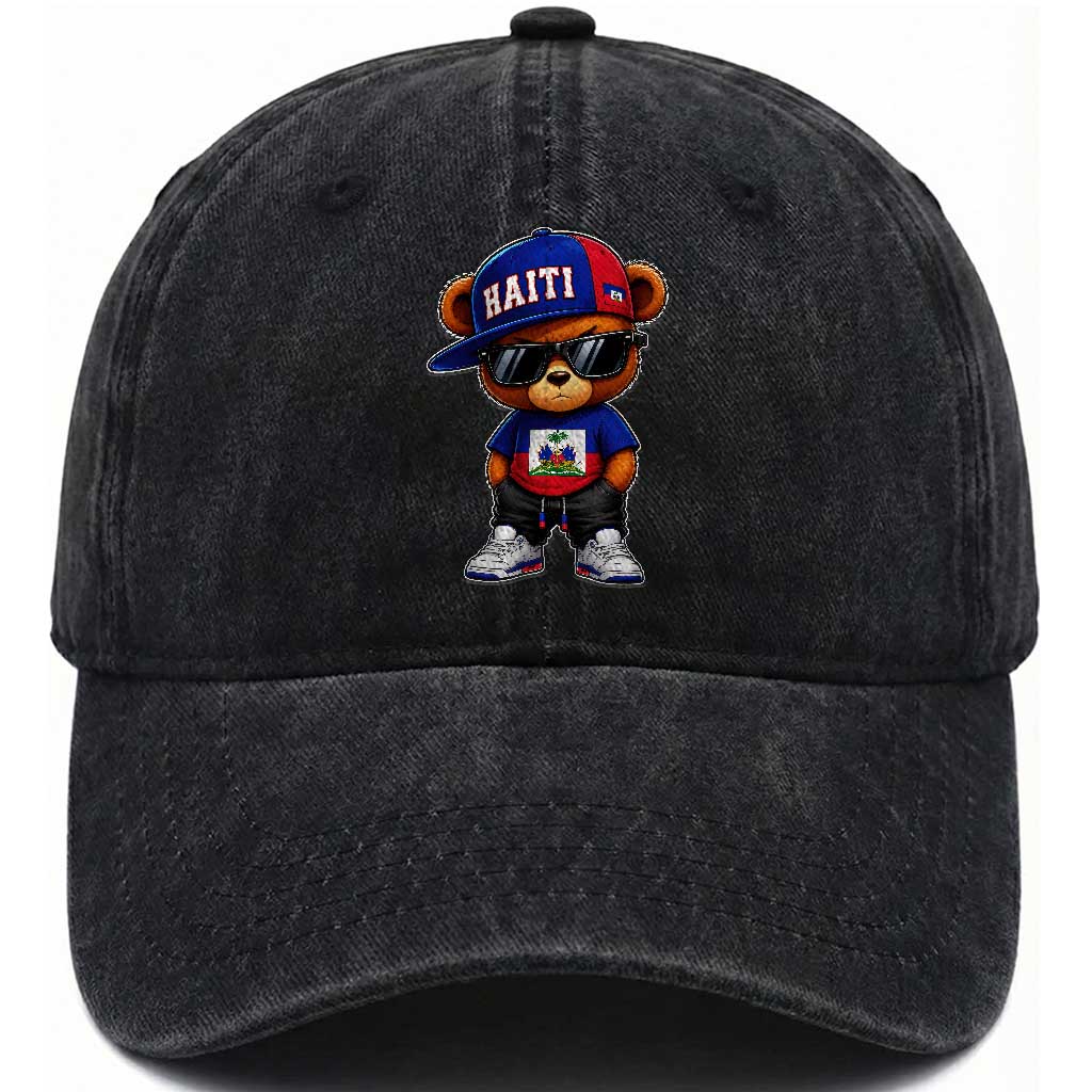 Cute Haiti Washed Cotton Baseball Cap Hip Hop Teddy Bear Haitian Flag Ayiti Roots TS10 Print Your Wear