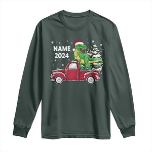 Personalized Dinosaur Christmas Long Sleeve Shirt Custom Name Merry Rexmas Xmas Pet Dino Trex Red Truck Family TS10 Dark Forest Green Print Your Wear