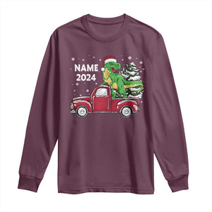 Personalized Dinosaur Christmas Long Sleeve Shirt Custom Name Merry Rexmas Xmas Pet Dino Trex Red Truck Family TS10 Maroon Print Your Wear