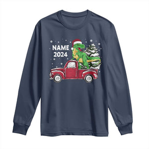 Personalized Dinosaur Christmas Long Sleeve Shirt Custom Name Merry Rexmas Xmas Pet Dino Trex Red Truck Family TS10 Navy Print Your Wear