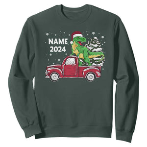 Personalized Dinosaur Christmas Sweatshirt Custom Name Merry Rexmas Xmas Pet Dino Trex Red Truck Family TS10 Dark Forest Green Print Your Wear