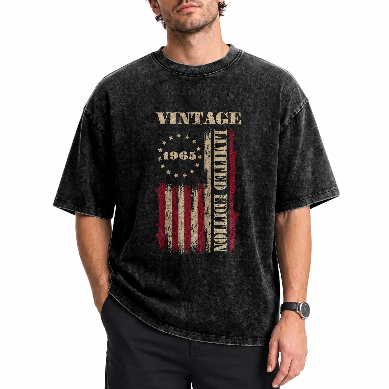 Vintage 1965 Birthday Washed Cotton T-Shirt Retro American Flag Limited Edition